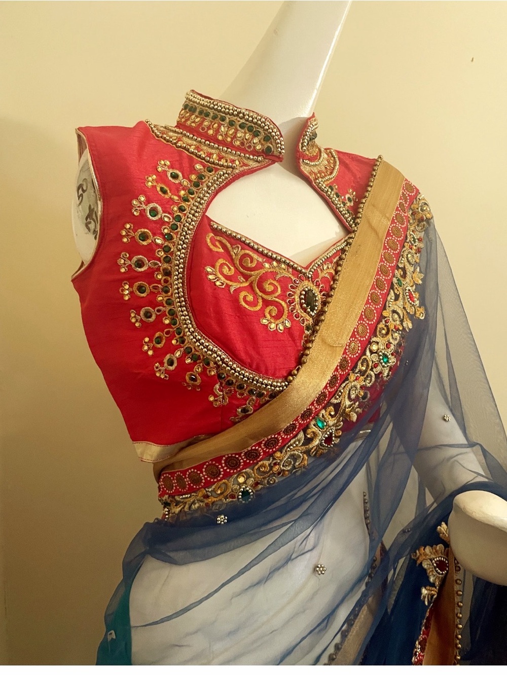 Heavy Embroidered Blue-Teal Bridal Lengha Style Saree with Pink Blouse
